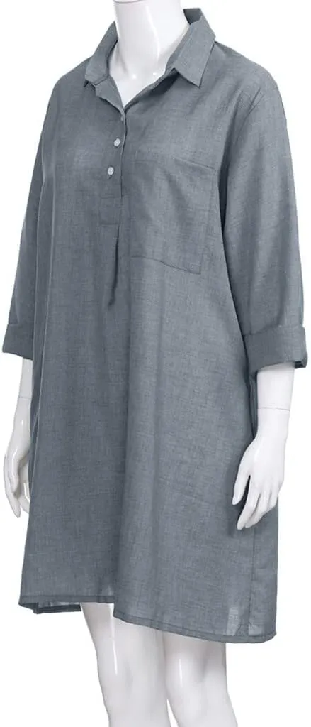 Women's Summer Casual Loose Trendy Short Sleeve Button Down Collar Solid Color Sun Beach Linen Dress Plus Size, S-5XL
