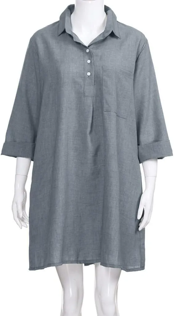 Women's Summer Casual Loose Trendy Short Sleeve Button Down Collar Solid Color Sun Beach Linen Dress Plus Size, S-5XL