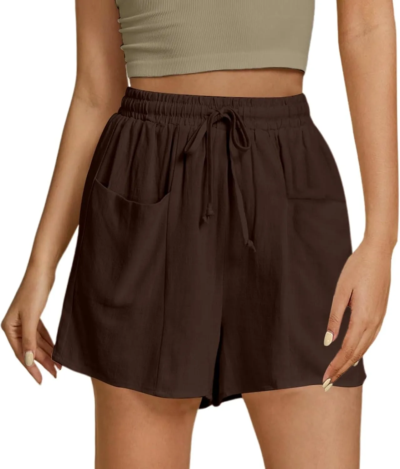 Women's Summer Linen High Elastic Waist Drawstring Solid Color Casual Loose Fit Beach Shorts with Pockets