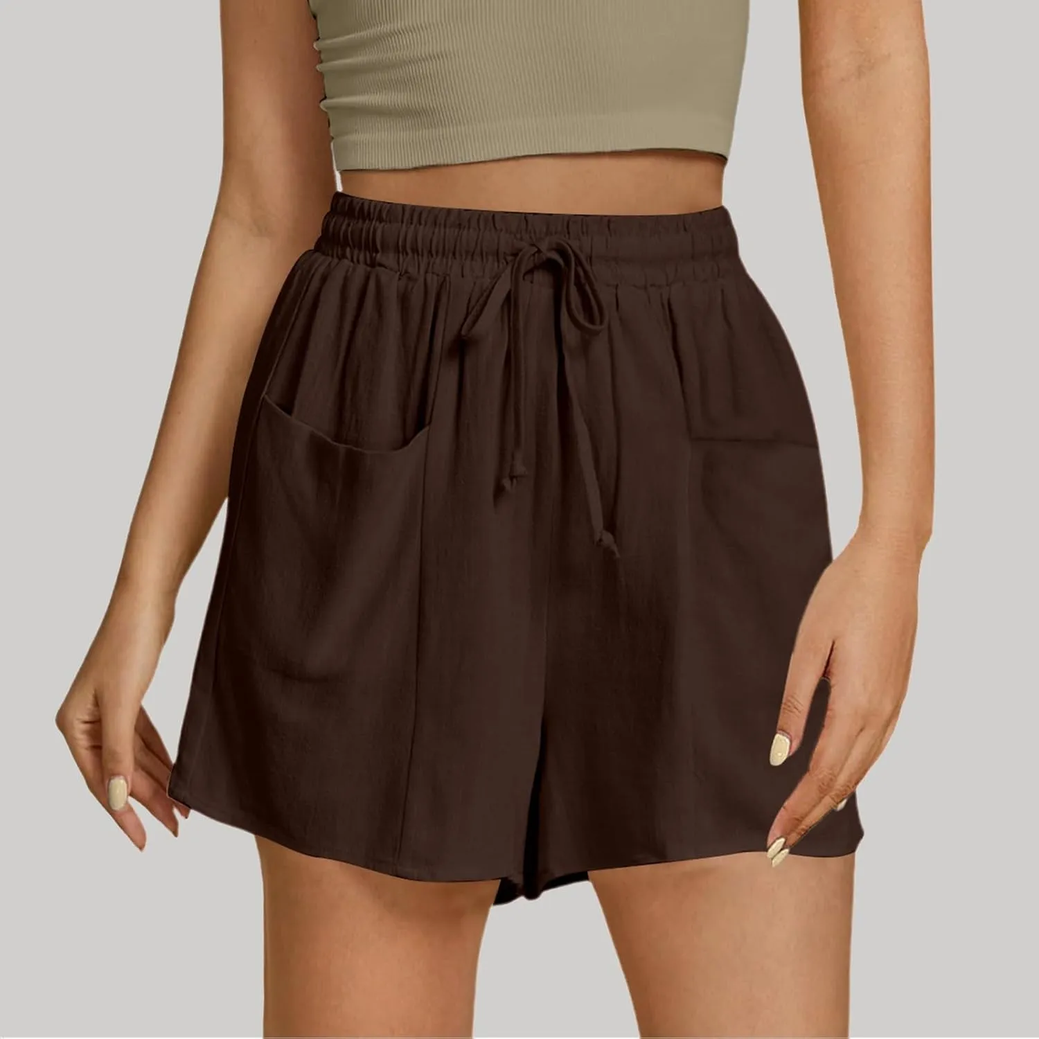 Women's Summer Linen High Elastic Waist Drawstring Solid Color Casual Loose Fit Beach Shorts with Pockets