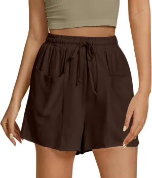 Women's Summer Linen High Elastic Waist Drawstring Solid Color Casual Loose Fit Beach Shorts with Pockets