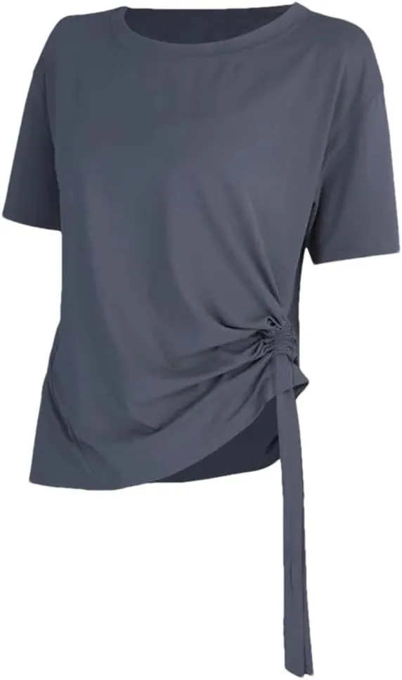 Women's Summer Loose Yoga Shirts Short Sleeves Crewneck Sport T-Shirts Bandage Quick Dry Fitness Tee Tops