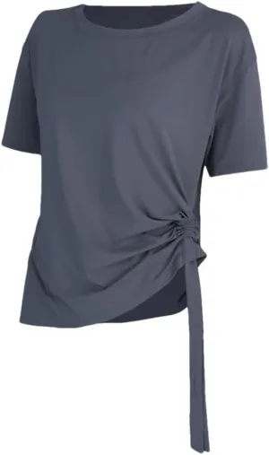 Women's Summer Loose Yoga Shirts Short Sleeves Crewneck Sport T-Shirts Bandage Quick Dry Fitness Tee Tops