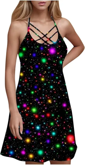 Womens Summer Sun Dress Halterneck Hollow Out Sleeveless Dress Floral Print Beach Boho Short Mini Sundresses