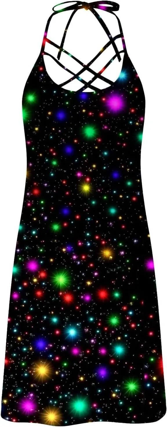 Womens Summer Sun Dress Halterneck Hollow Out Sleeveless Dress Floral Print Beach Boho Short Mini Sundresses