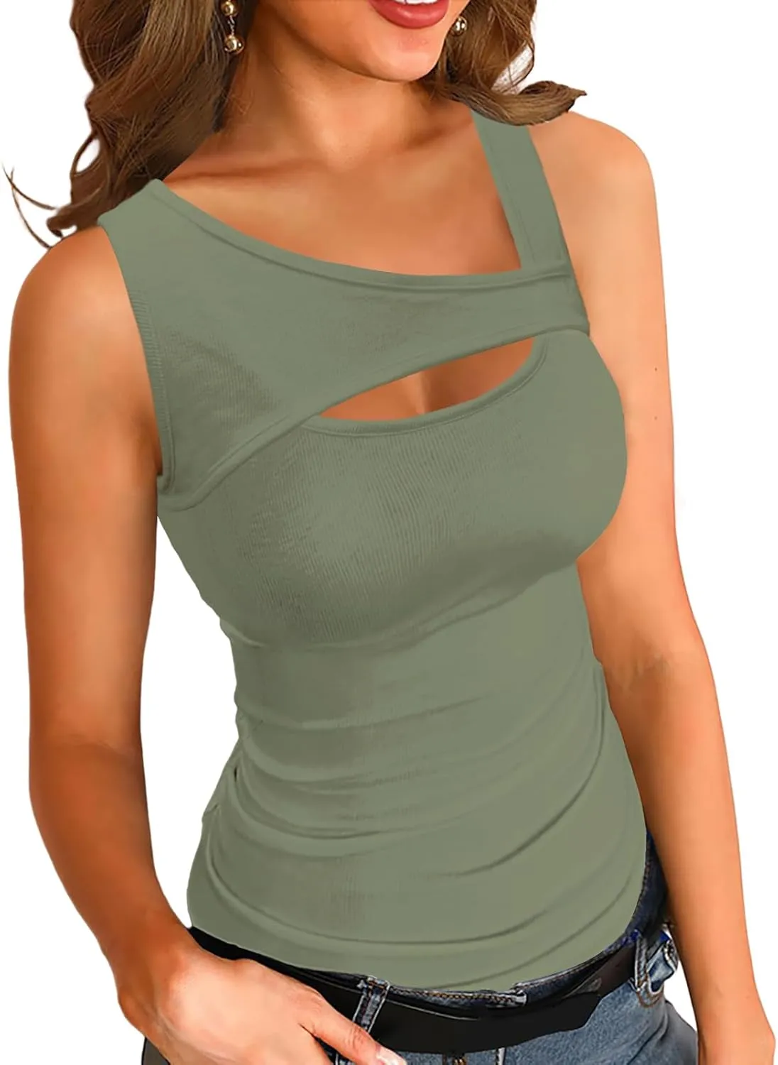Womens Summer Tank Tops Cut Out Front Ribbed Fitted Sexy Casual Sleeveless Shirts