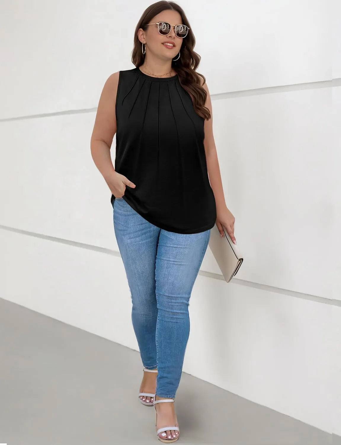 Womens Summer Tank Tops Sleeveless Casual Flowy Tops Pleated Round Neck for Women Casual Loose Fit Tee Shirt