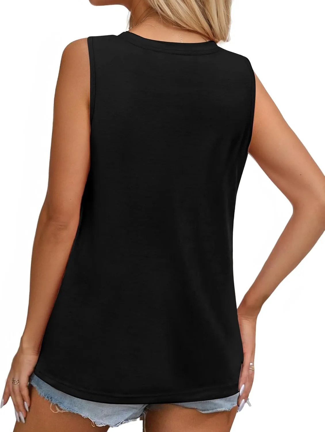 Womens Summer Tank Tops Sleeveless Casual Flowy Tops Pleated Round Neck for Women Casual Loose Fit Tee Shirt