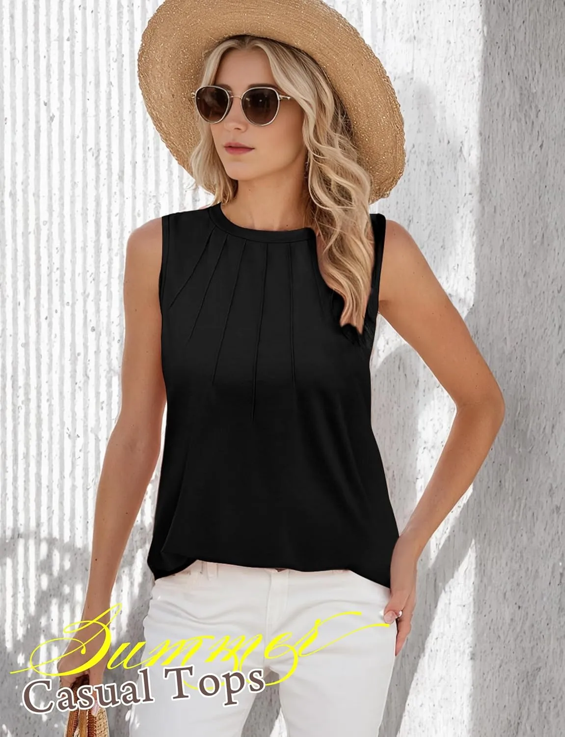 Womens Summer Tank Tops Sleeveless Casual Flowy Tops Pleated Round Neck for Women Casual Loose Fit Tee Shirt