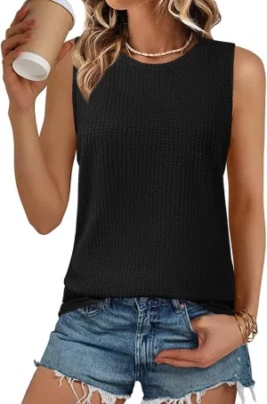 Womens Tops Crewneck Waffle Knit Flowy Loose Fit Tank Top Sleeveless Summer Shirts