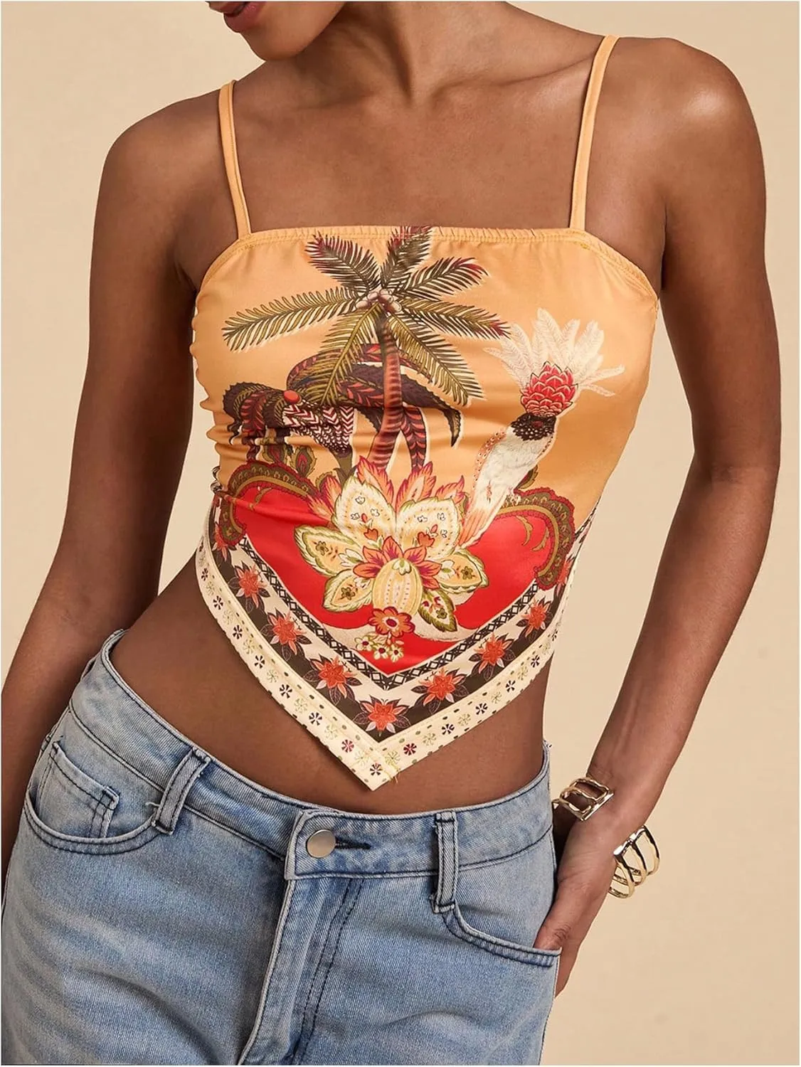 Women's Tropical Print Sleeveless Cami Top Spaghetti Strap Slim Fitted Asymmetrical Camisole