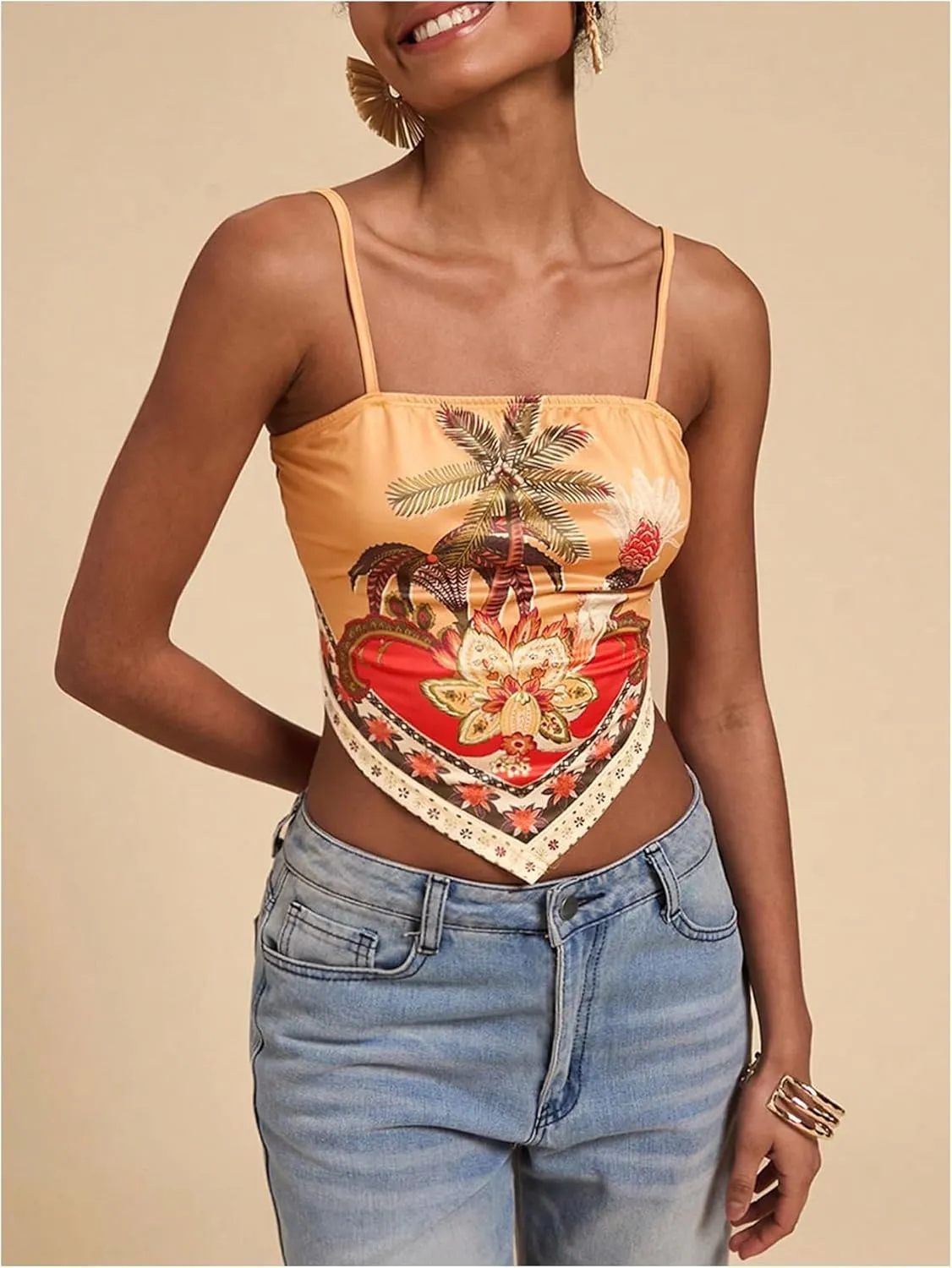 Women's Tropical Print Sleeveless Cami Top Spaghetti Strap Slim Fitted Asymmetrical Camisole