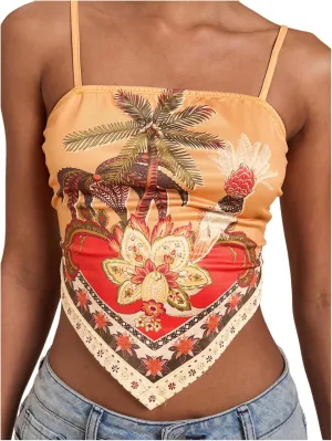 Women's Tropical Print Sleeveless Cami Top Spaghetti Strap Slim Fitted Asymmetrical Camisole
