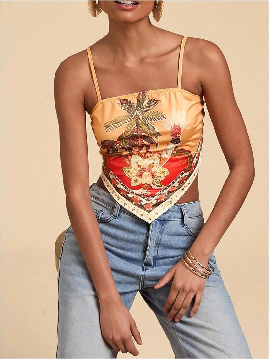 Women's Tropical Print Sleeveless Cami Top Spaghetti Strap Slim Fitted Asymmetrical Camisole