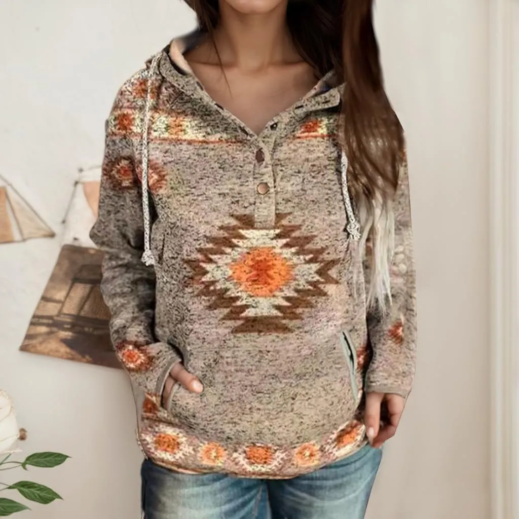 Women's Vintage Aztec Print Long Sleeve Hoodie with Pockets Casual Loose Oversized Half Button Western Sweatshirt