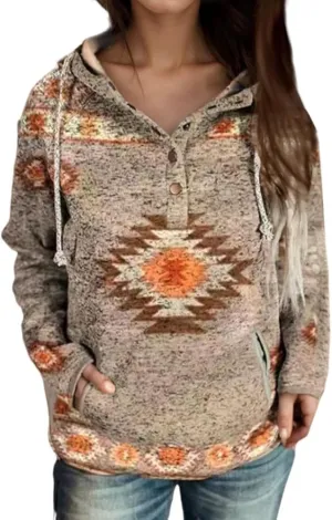 Women's Vintage Aztec Print Long Sleeve Hoodie with Pockets Casual Loose Oversized Half Button Western Sweatshirt