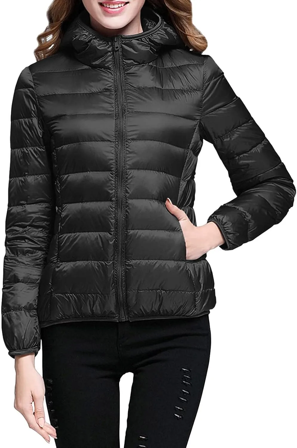 Womens Warm Lightweight Puffer Jackets Fashion Solid Color Waterproof Quilted Coats White Duck Down Casual Outerwears