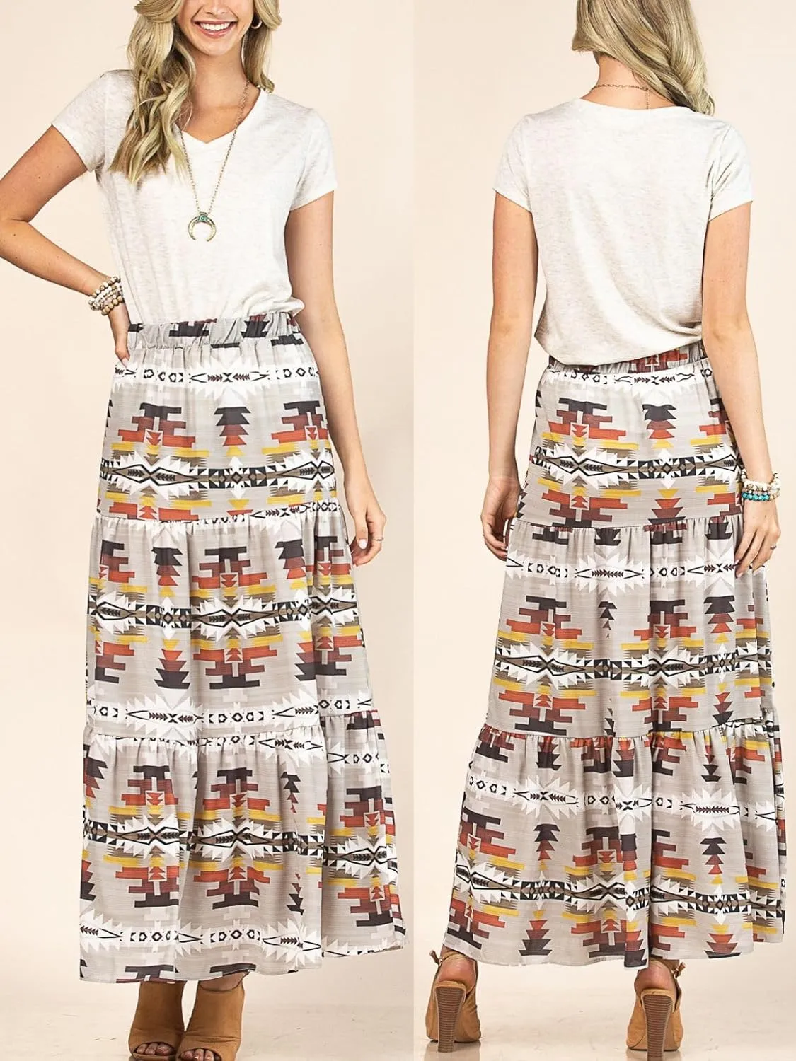 Womens Western Aztec Print Tiered Maxi Skirt Tribal Cowgirl Elastis Waist Skirt Dress