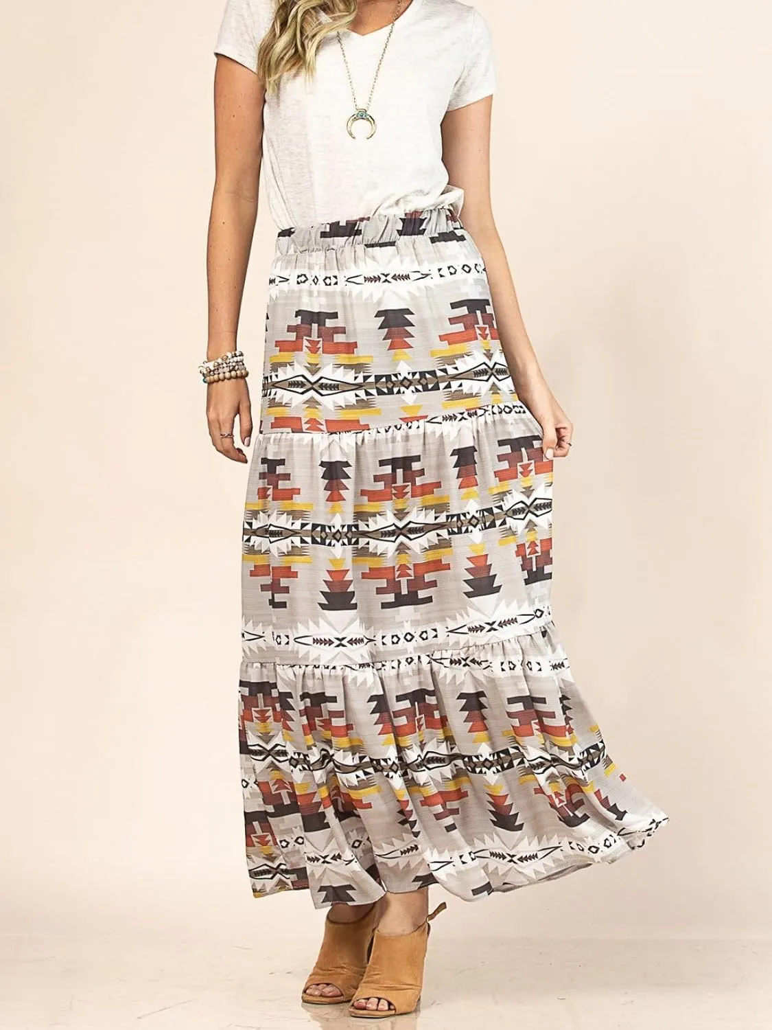 Womens Western Aztec Print Tiered Maxi Skirt Tribal Cowgirl Elastis Waist Skirt Dress