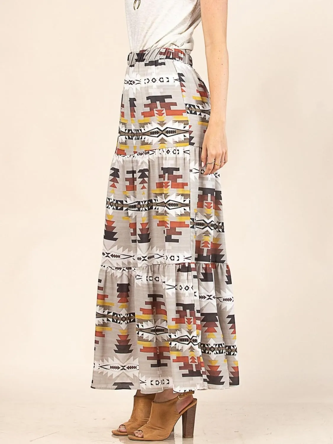 Womens Western Aztec Print Tiered Maxi Skirt Tribal Cowgirl Elastis Waist Skirt Dress