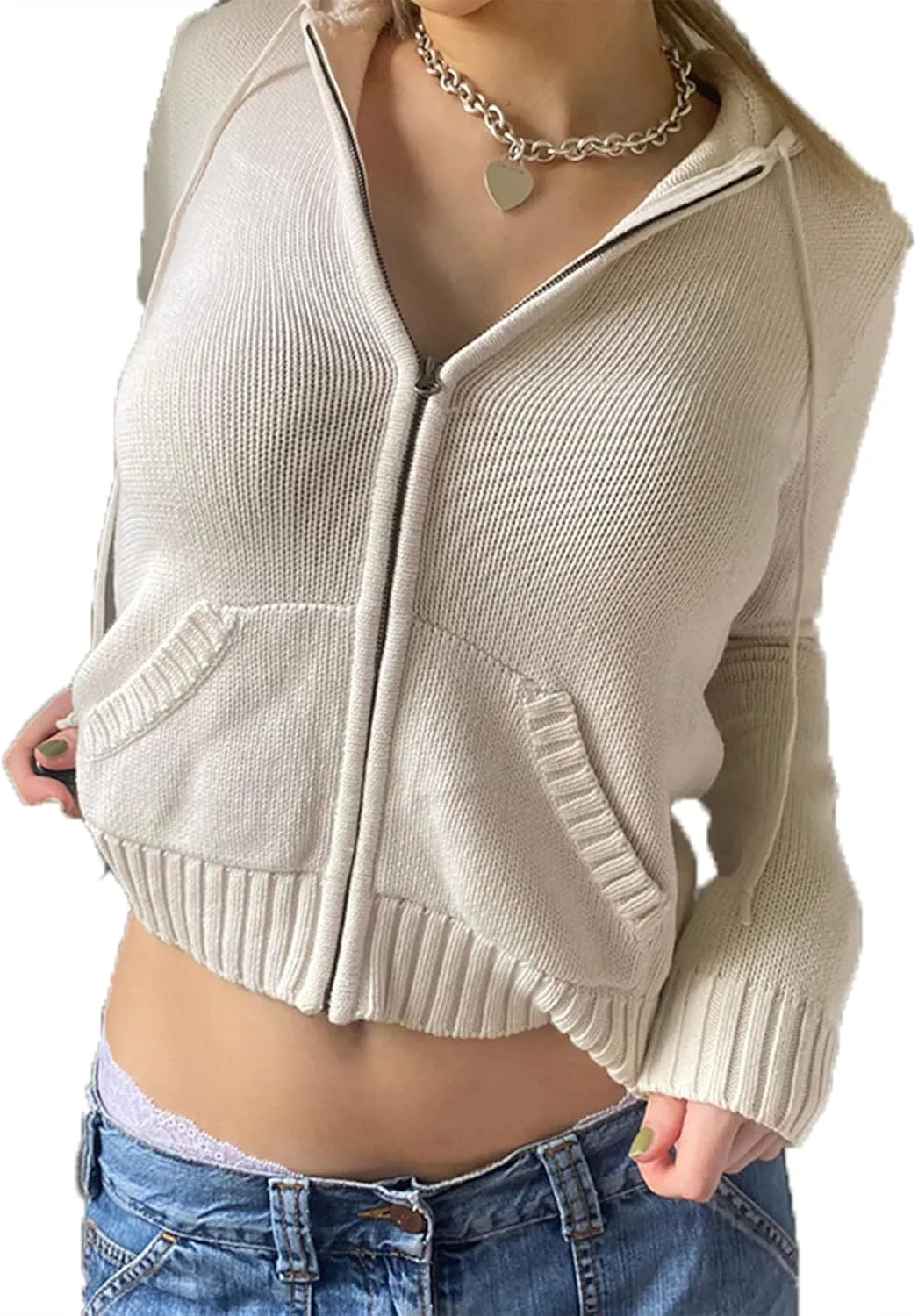 Y2k Rib Knitted Hoodie Sweaters Long Sleeve Zipper Up Knitwear Open Front Cardigan Vintage Jacket Jumper Sweatshirt
