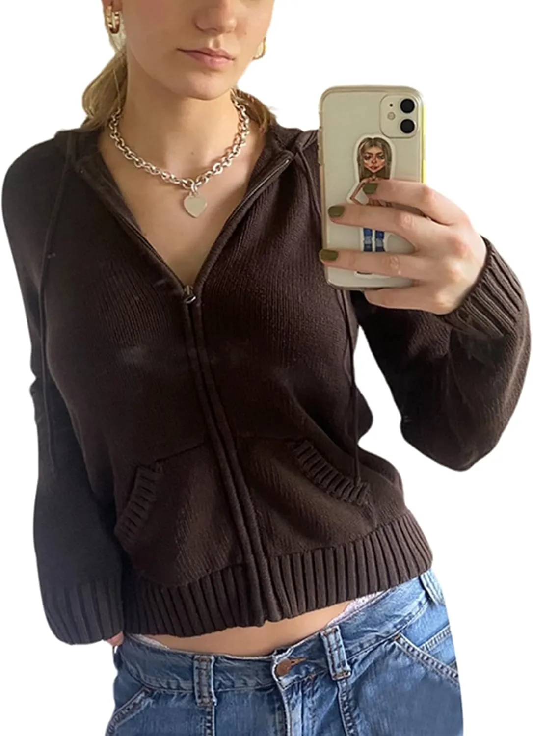 Y2k Rib Knitted Hoodie Sweaters Long Sleeve Zipper Up Knitwear Open Front Cardigan Vintage Jacket Jumper Sweatshirt