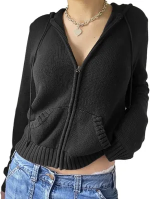 Y2k Rib Knitted Hoodie Sweaters Long Sleeve Zipper Up Knitwear Open Front Cardigan Vintage Jacket Jumper Sweatshirt