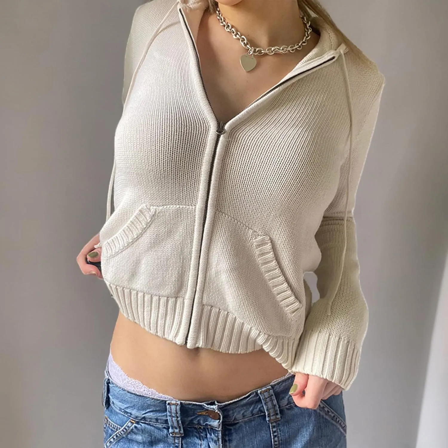 Y2k Rib Knitted Hoodie Sweaters Long Sleeve Zipper Up Knitwear Open Front Cardigan Vintage Jacket Jumper Sweatshirt