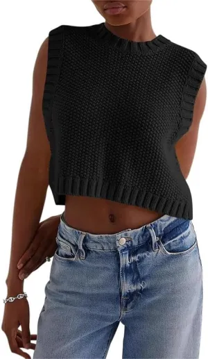 Y2K Women Backless Tie Up Knit Crop Sweater Vest Sleeveless Round Neck Split Open Back Pullover Fall Tank Tops