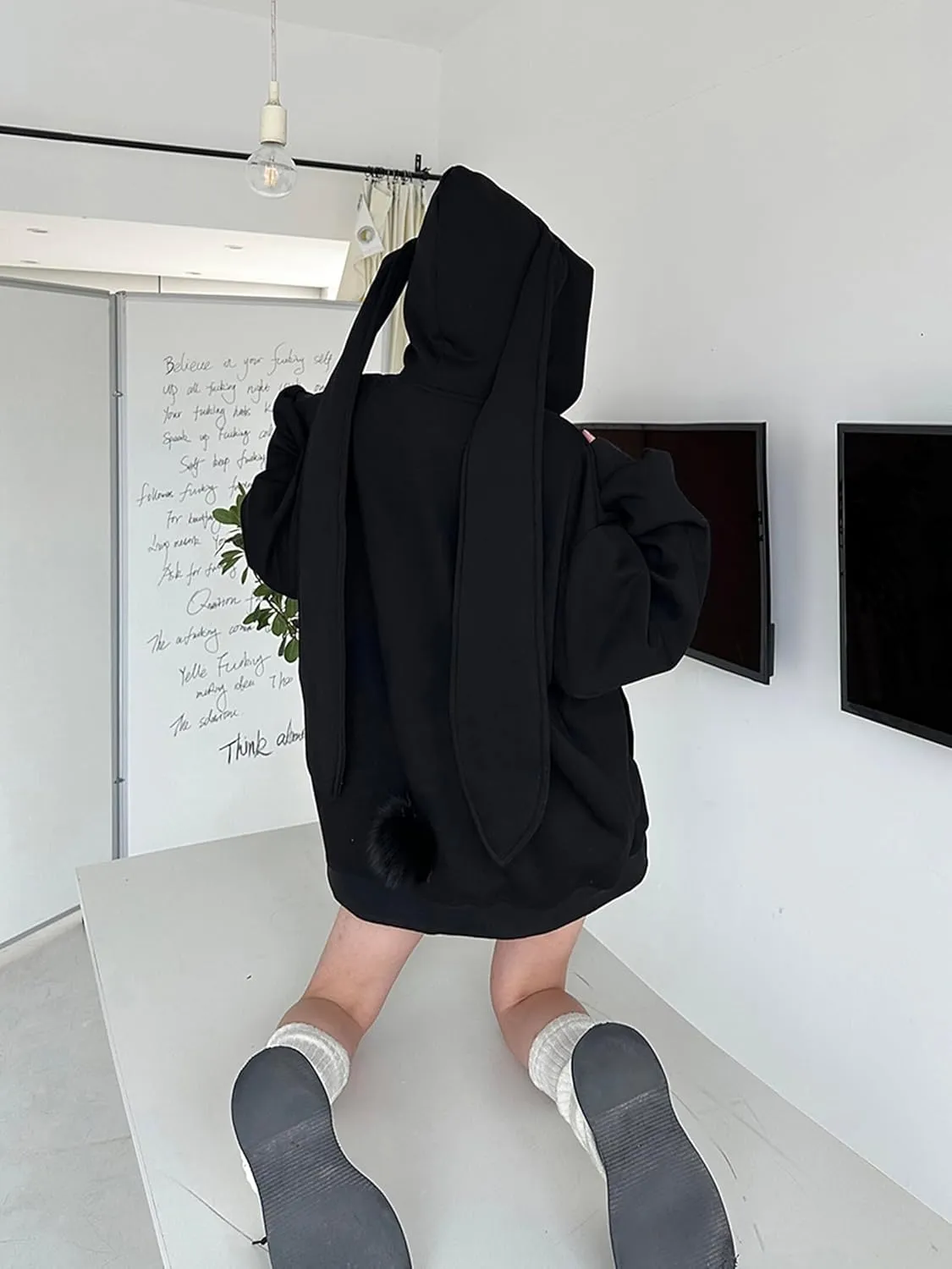 YEMOCILE Womens Kawaii Bunny Ear Oversized Hoodie Zip Up Long Sleeve Rabbit Hooded Sweatshirt