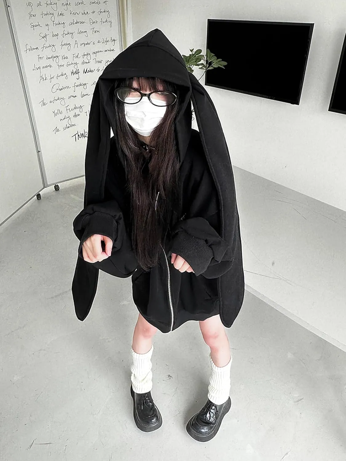YEMOCILE Womens Kawaii Bunny Ear Oversized Hoodie Zip Up Long Sleeve Rabbit Hooded Sweatshirt