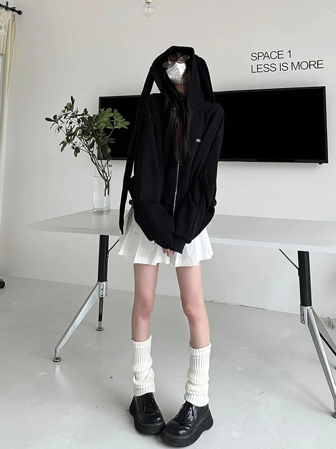 YEMOCILE Womens Kawaii Bunny Ear Oversized Hoodie Zip Up Long Sleeve Rabbit Hooded Sweatshirt