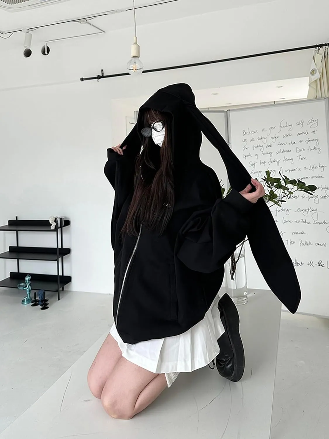 YEMOCILE Womens Kawaii Bunny Ear Oversized Hoodie Zip Up Long Sleeve Rabbit Hooded Sweatshirt