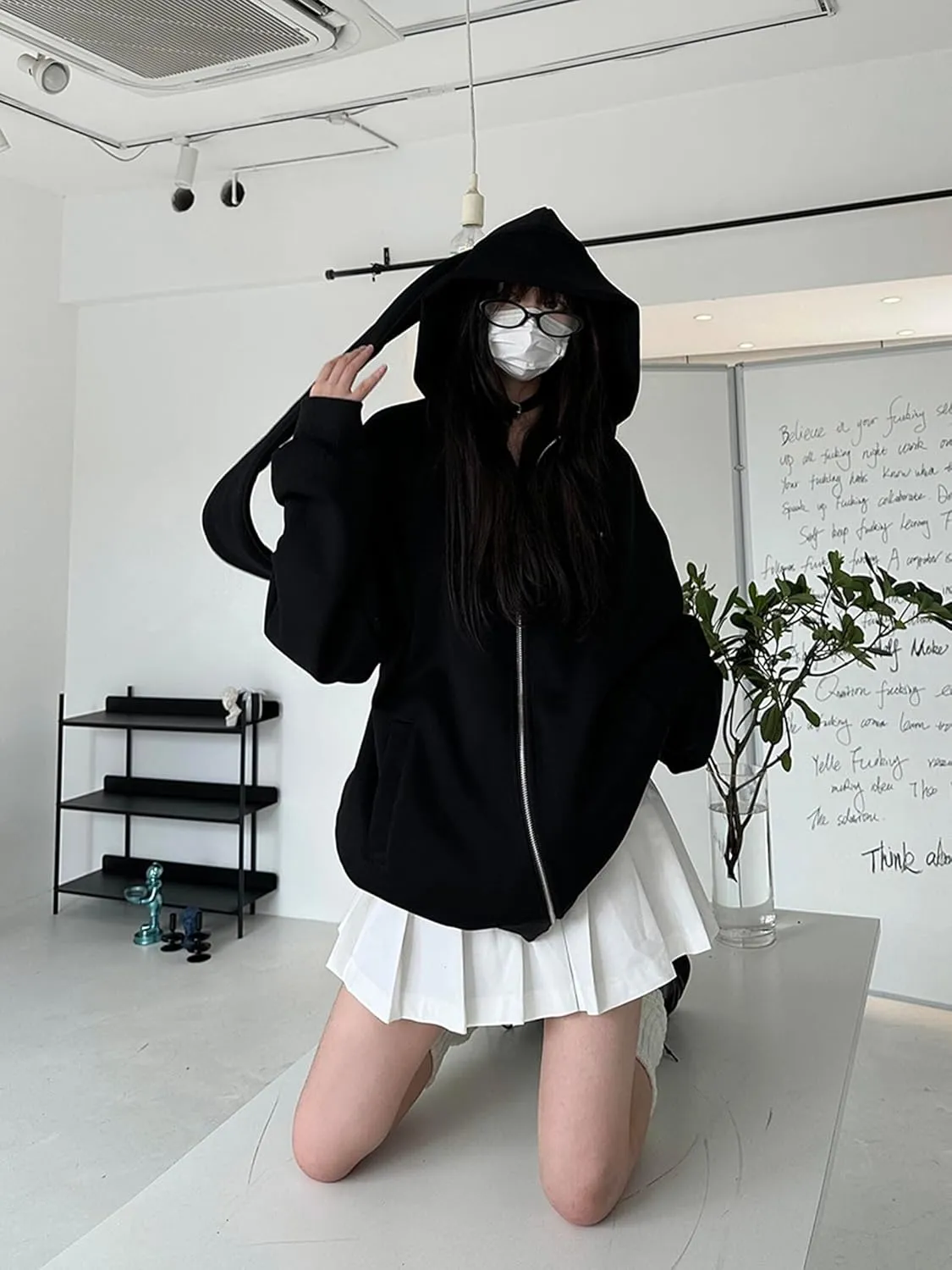 YEMOCILE Womens Kawaii Bunny Ear Oversized Hoodie Zip Up Long Sleeve Rabbit Hooded Sweatshirt