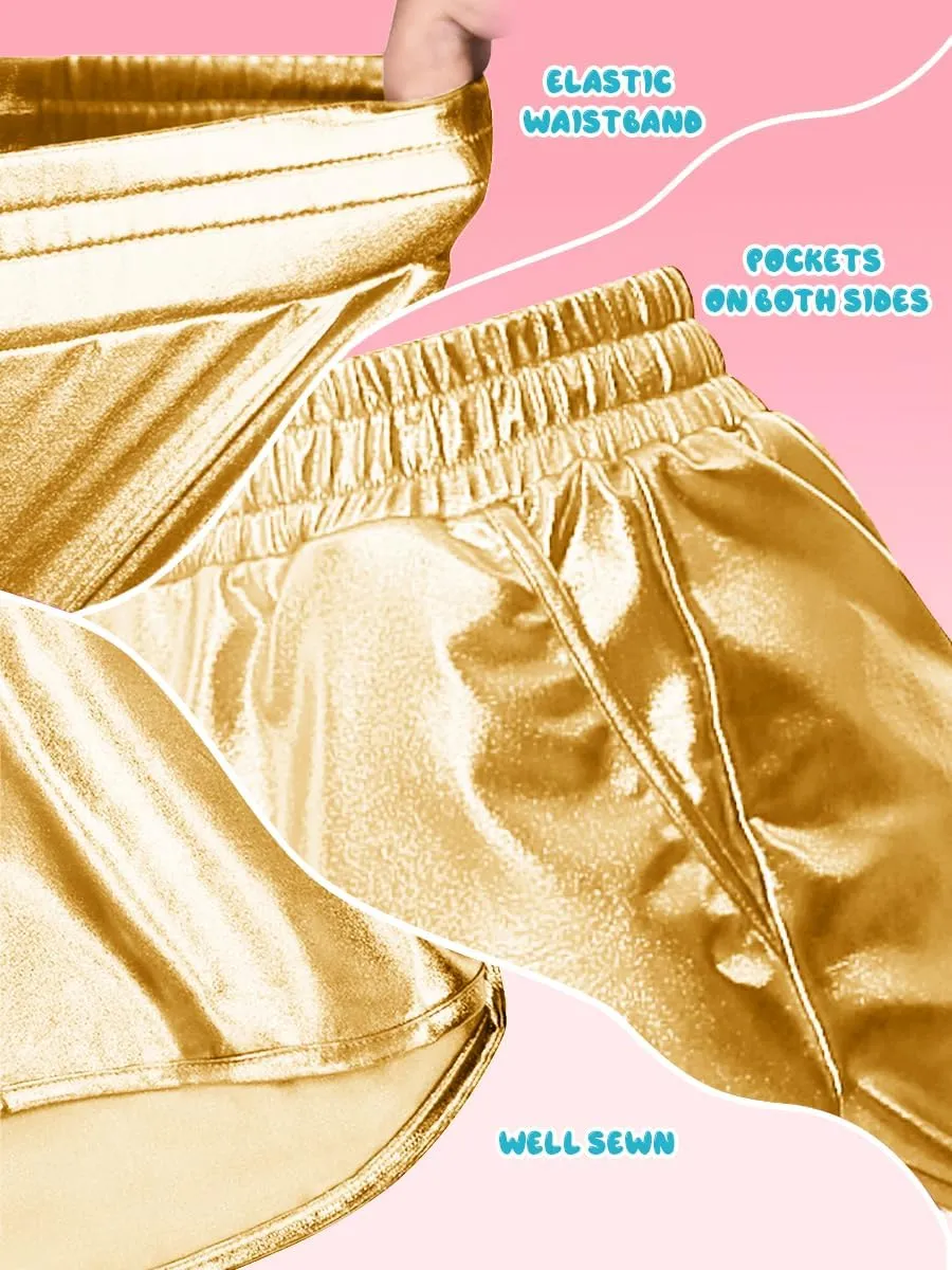 YgneeDom Girls Metallic Shorts Shiny Dance Hot Pants Sparkly Athletic Shorts 80s Outfits Pants for Kids