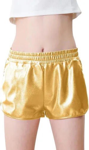 YgneeDom Girls Metallic Shorts Shiny Dance Hot Pants Sparkly Athletic Shorts 80s Outfits Pants for Kids