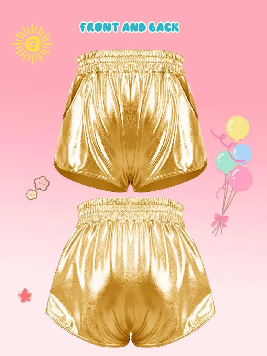 YgneeDom Girls Metallic Shorts Shiny Dance Hot Pants Sparkly Athletic Shorts 80s Outfits Pants for Kids