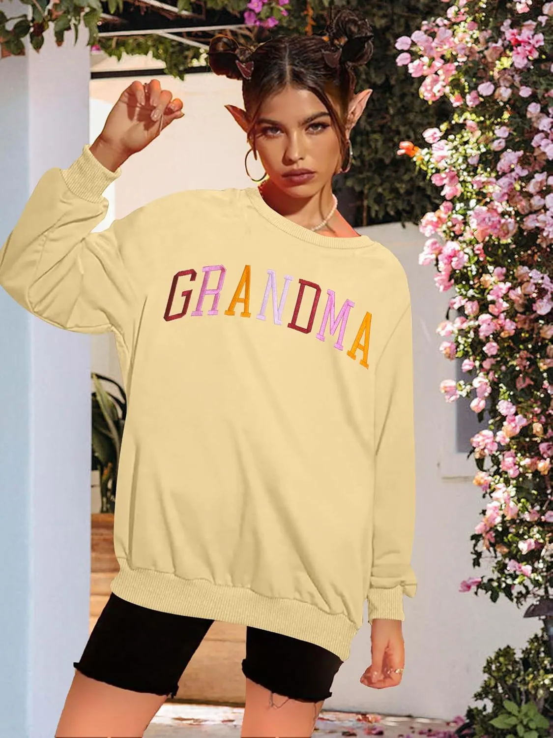 YI XIANG RAN Grandma Sweatshirt for Women - Embroidered Long Sleeve Pullover Top, Oversized