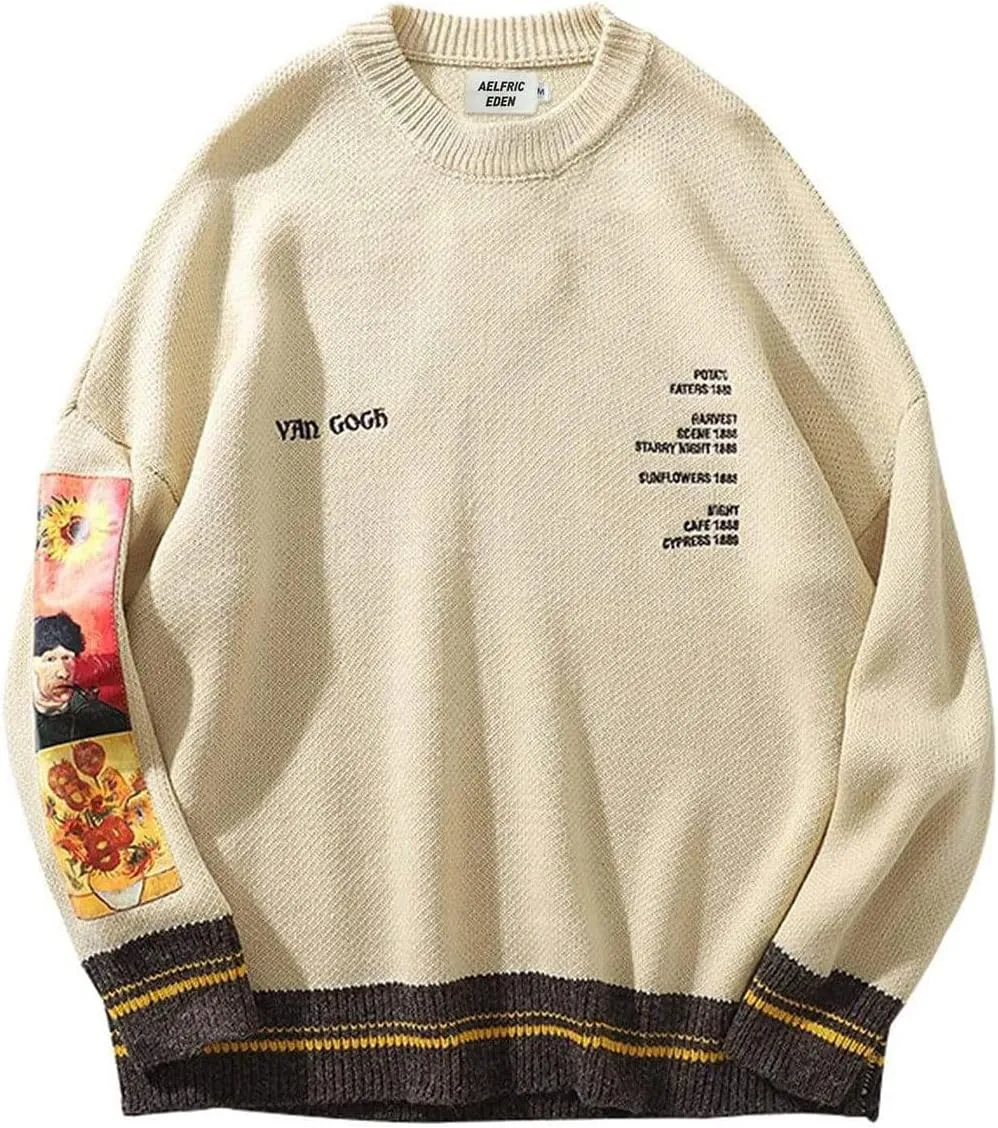Yimoon Mens Van Gogh Graphic Sweaters Unisex Oversized Casual Knitted Long Sleeve Pullover Jumper Tops