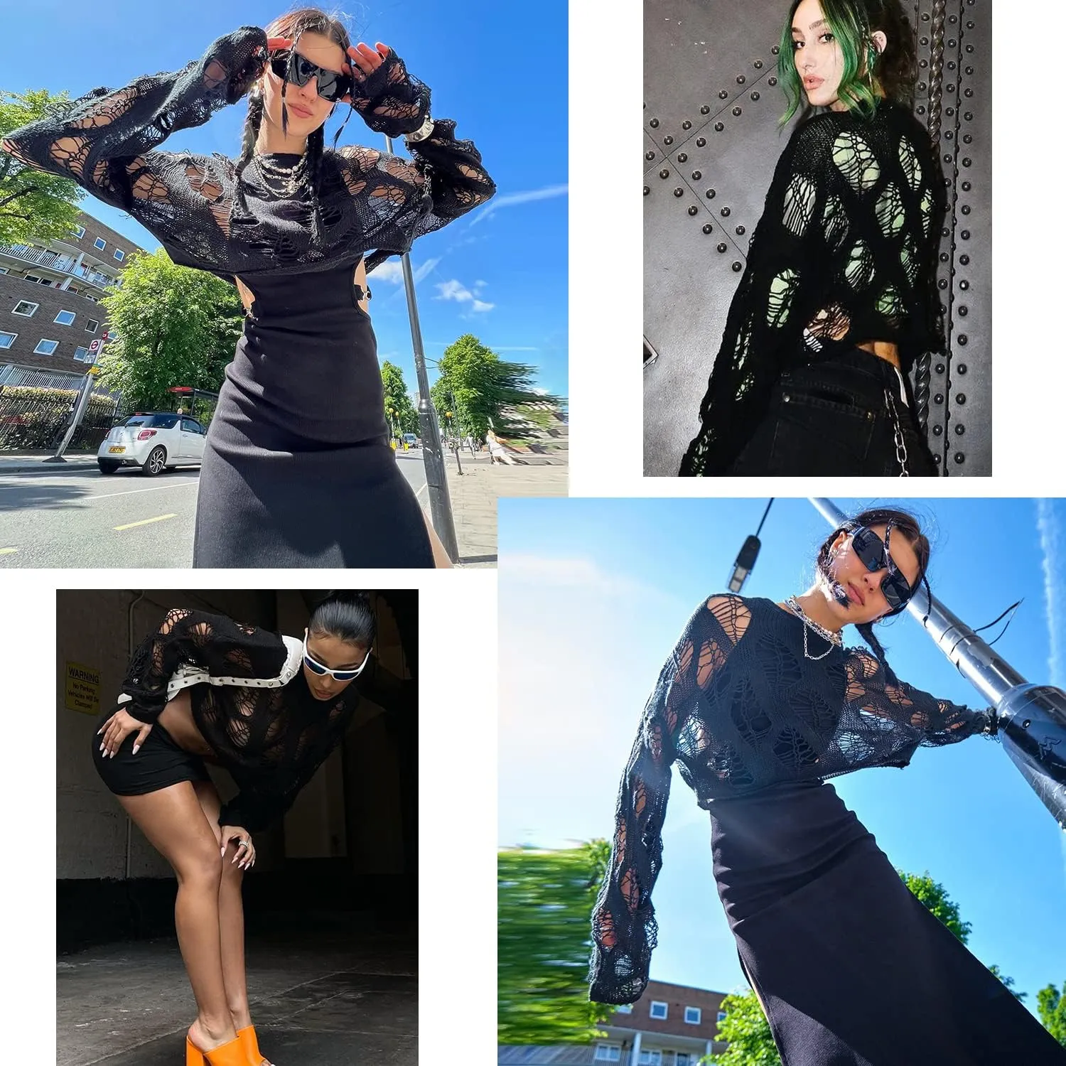 Ypser Women's Y2K Patchwork Crochet Shrug Sweater Open Front Long Sleeve Knitted Bolero Top