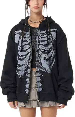 Yuemengxuan Womens Y2K Zipper Hoodie Long Sleeve Sweatshirt Harajuku Punk Grunge Tops Oversized Vintage Streetwear