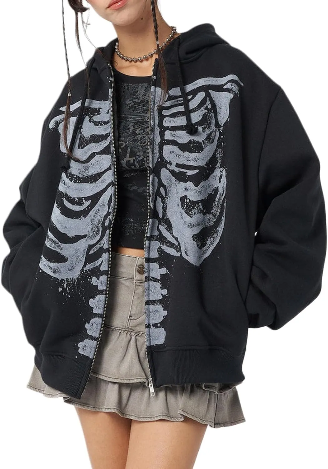 Yuemengxuan Womens Y2K Zipper Hoodie Long Sleeve Sweatshirt Harajuku Punk Grunge Tops Oversized Vintage Streetwear