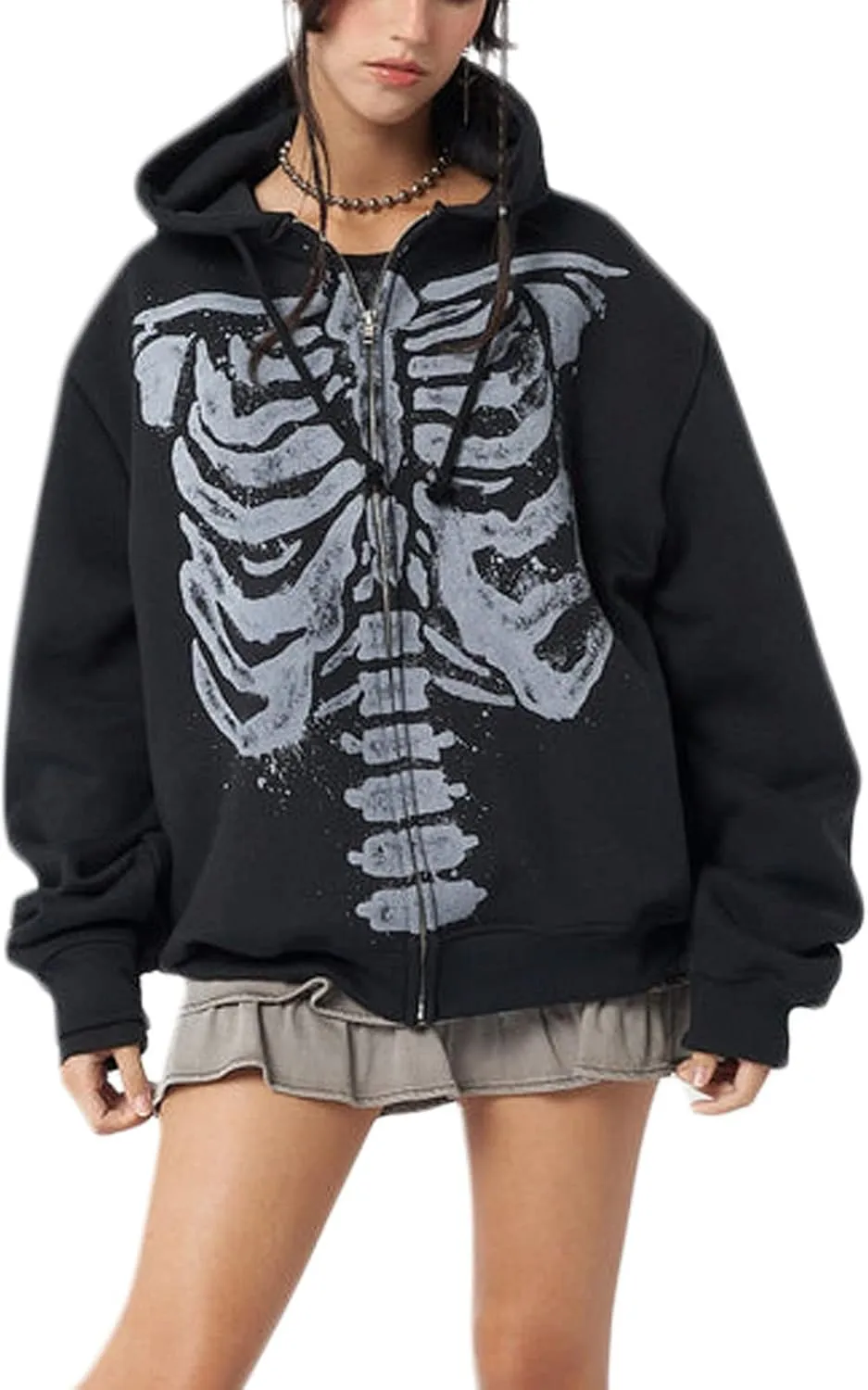 Yuemengxuan Womens Y2K Zipper Hoodie Long Sleeve Sweatshirt Harajuku Punk Grunge Tops Oversized Vintage Streetwear