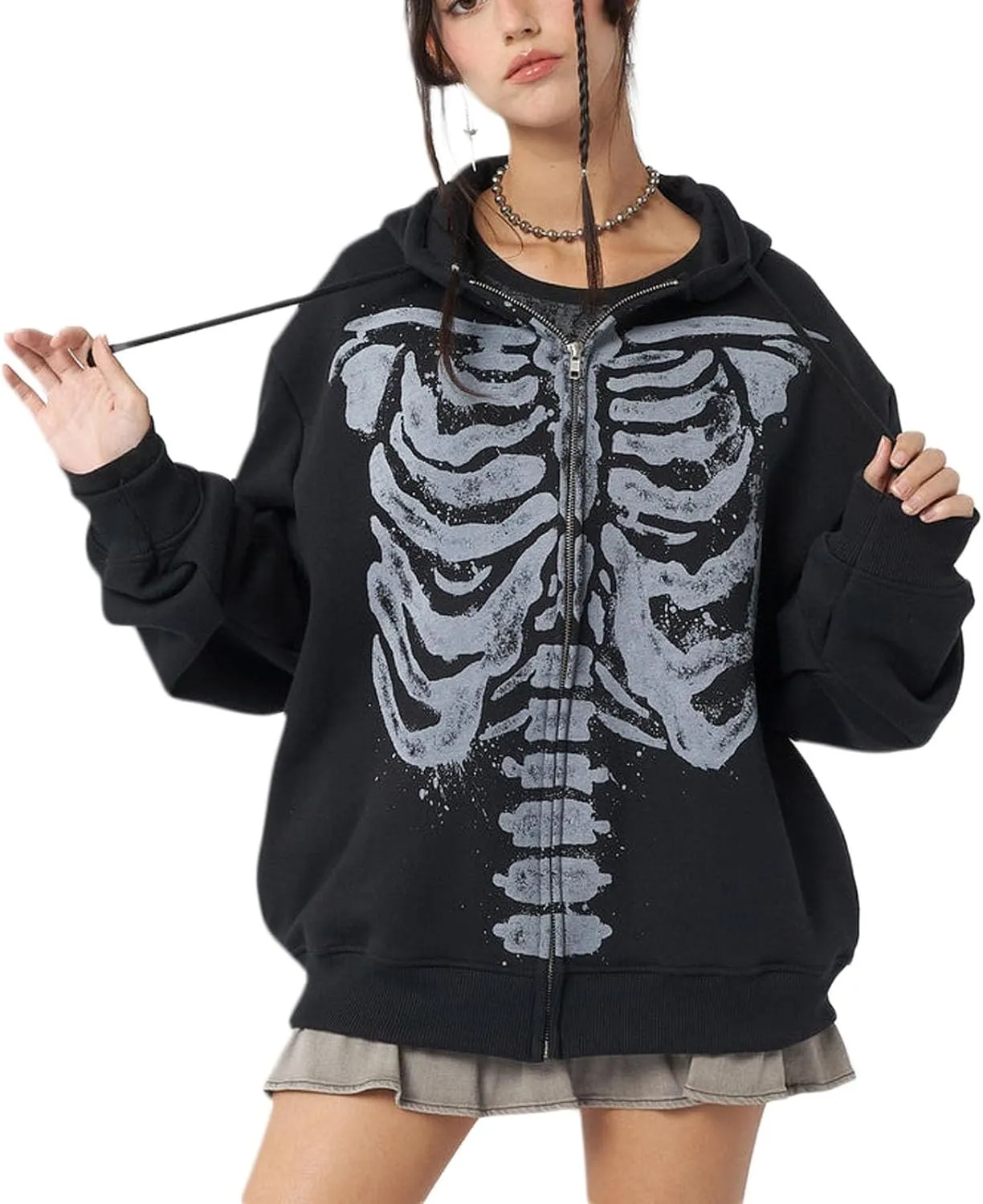 Yuemengxuan Womens Y2K Zipper Hoodie Long Sleeve Sweatshirt Harajuku Punk Grunge Tops Oversized Vintage Streetwear