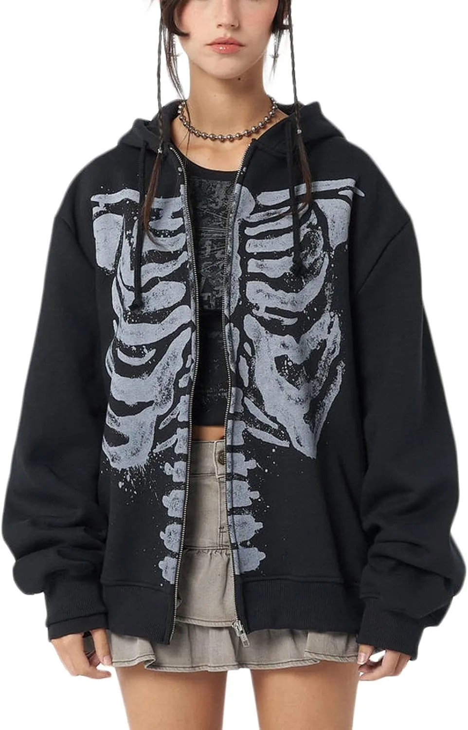Yuemengxuan Womens Y2K Zipper Hoodie Long Sleeve Sweatshirt Harajuku Punk Grunge Tops Oversized Vintage Streetwear