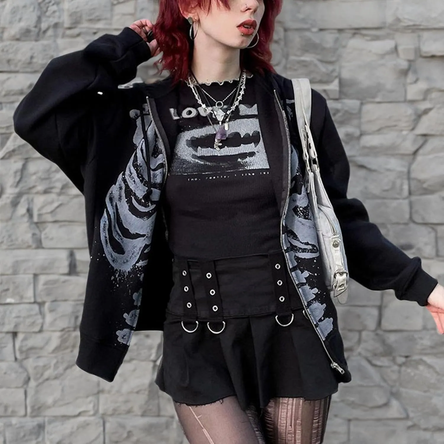 Yuemengxuan Womens Y2K Zipper Hoodie Long Sleeve Sweatshirt Harajuku Punk Grunge Tops Oversized Vintage Streetwear