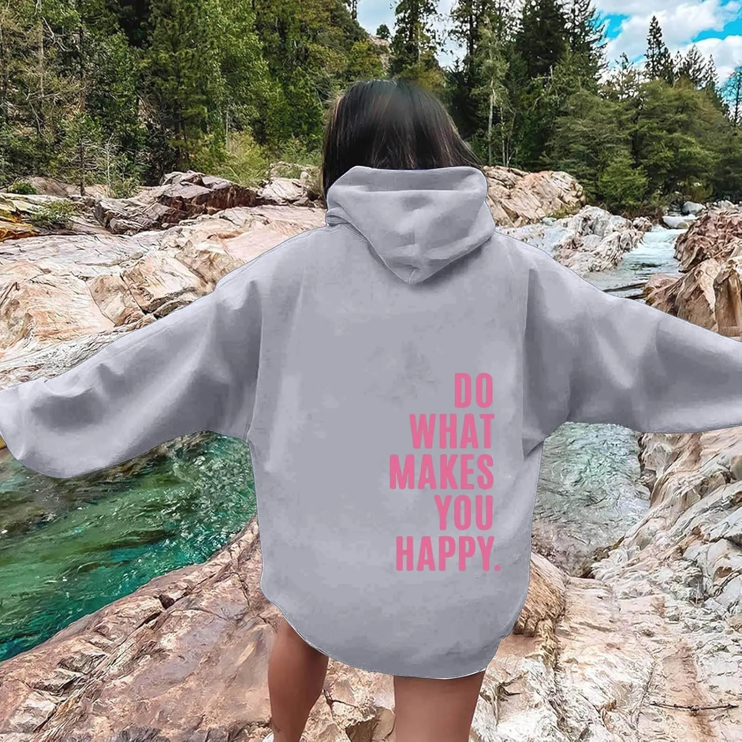 YUHGODO Women Oversized Hoodie Long Sleeve Letter Print Casual Drawstring Cute Preppy Pullover Sweatshirts for Teen Girls