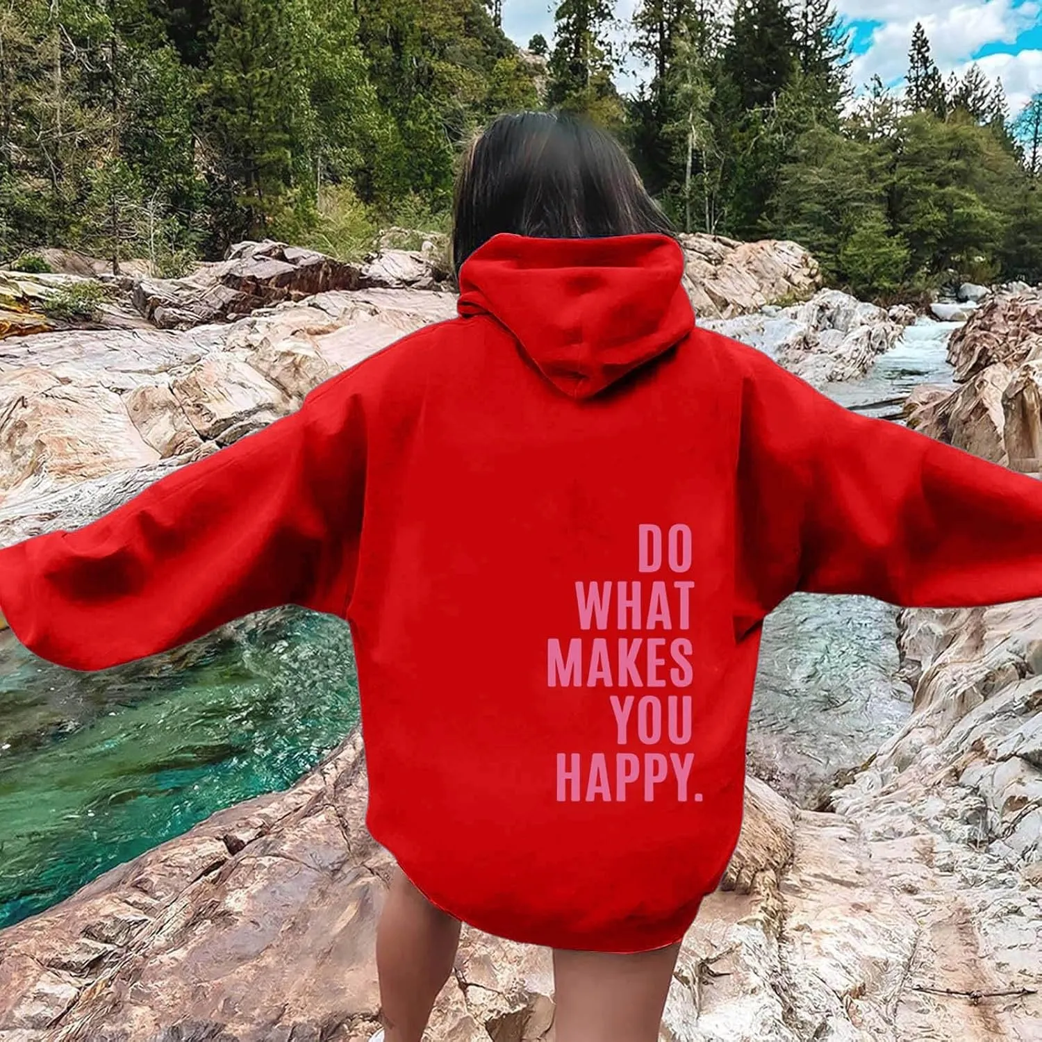 YUHGODO Women Oversized Hoodie Long Sleeve Letter Print Casual Drawstring Cute Preppy Pullover Sweatshirts for Teen Girls