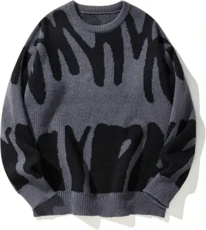 ZAFUL Men's Oversized Sweater Long Sleeve Crewneck Y2K Graphic Color Block Casual Knitted Pullover Sweater