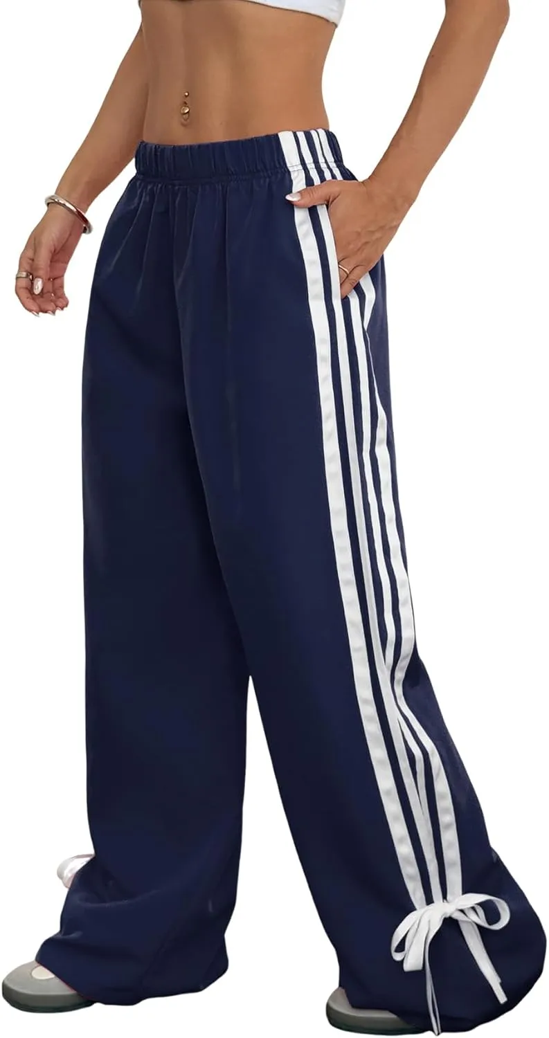 ZAFUL Womens Side Striped Pant Baggy Wide Leg Sweatpants Elastic Waisted Contrast Stripes Loose Fit Trousers